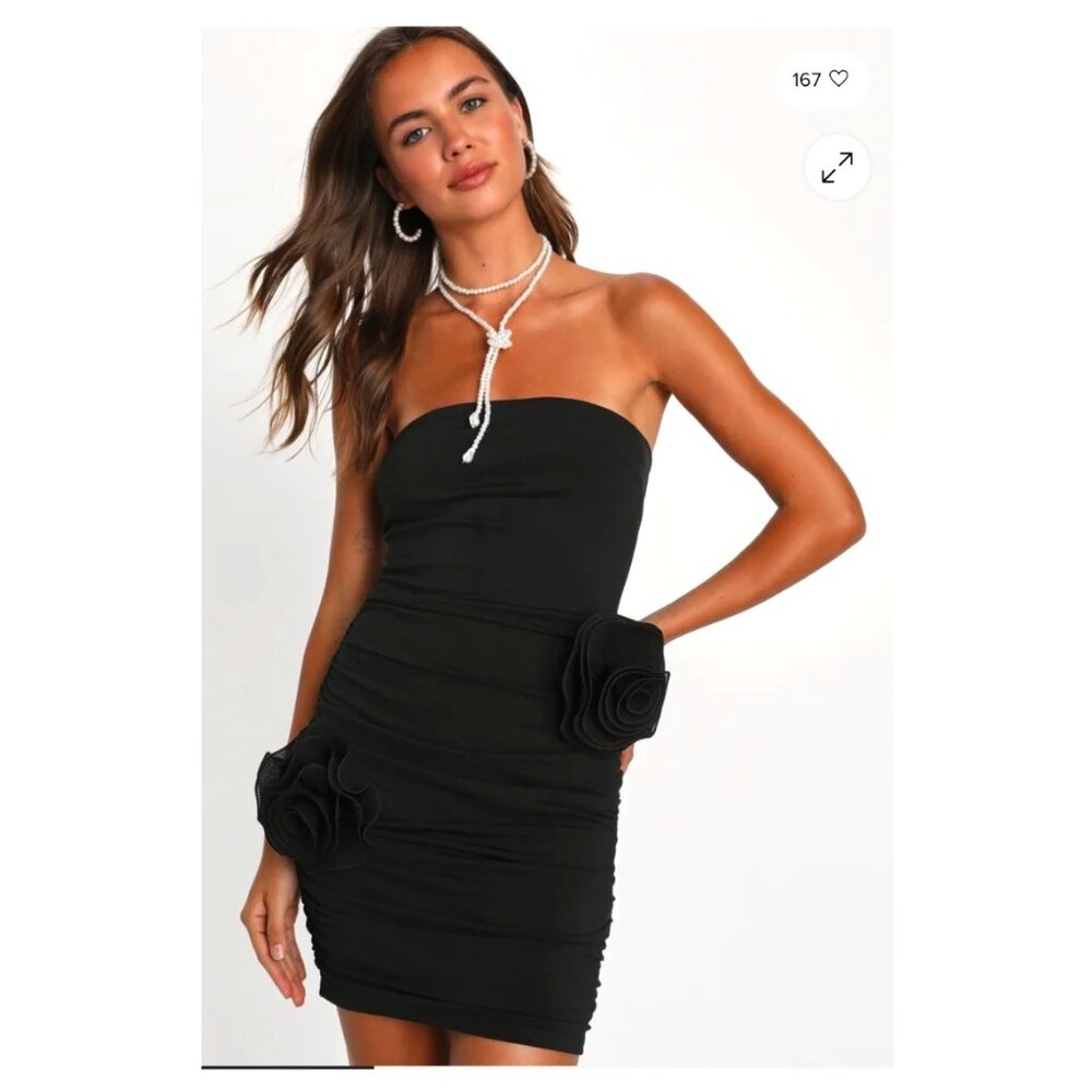 Attentive Allure Black Strapless Rosette Bodycon Mini Dress | Medium | NWOT